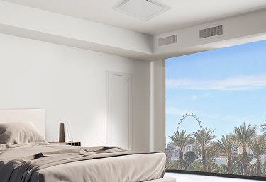 Hotel room with bed and large window